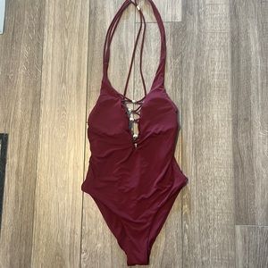 Deep red halter one piece bathing suit